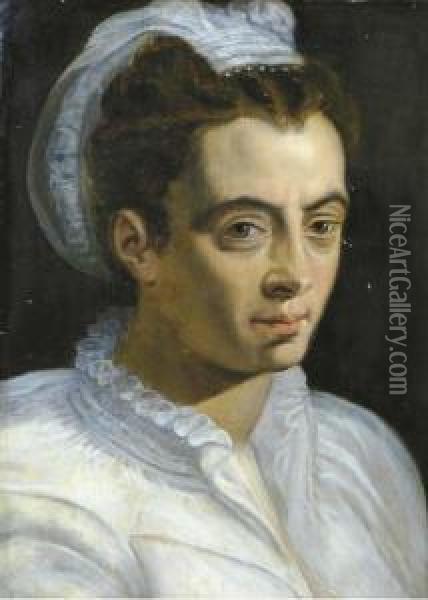 Portrait Of A Lady, Bust-length, In A White Dress Oil Painting - Frans I Vriendt (Frans Floris)
