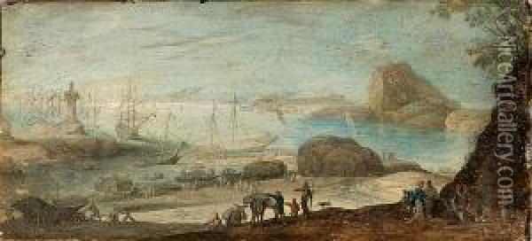 With Shipmakers In The Foreground And Travellers On A Path Oil Painting - Johann Wilhelm Baur
