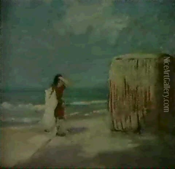 Woman And Bathing Tent On Beach Oil Painting - Charles Conder