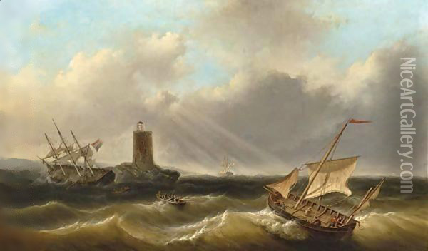 Shipping In A Rough Oil Painting - Christiaan Lodewijk Willem Dreibholtz