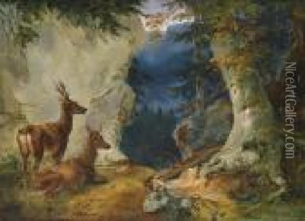 Circle Two Roe Deer In A Mountainlandscape Oil Painting - Friedrich Gauermann
