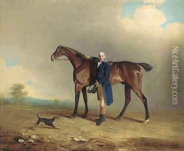 A gentleman with a bay hunter and terrier in a landscape Oil Painting - Ben Marshall