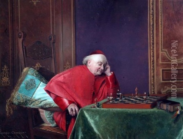 Cardinals Playing Chess And Reading A Book Oil Painting - Georges Croegaert