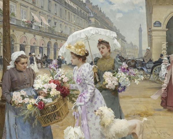 La Marchande De Fleurs, Rue De Rivoli Oil Painting - Louis De Schryver