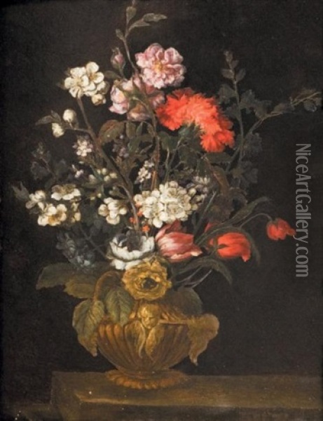 Bouquet De Fleurs Dans Un Vase Sculpte Sur Un Entablement Oil Painting - Giuseppe Ruoppolo