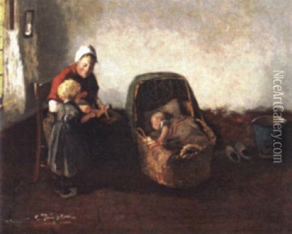 Mother And Children In A Cottage Interior Oil Painting - Carolus Johannes Thysen