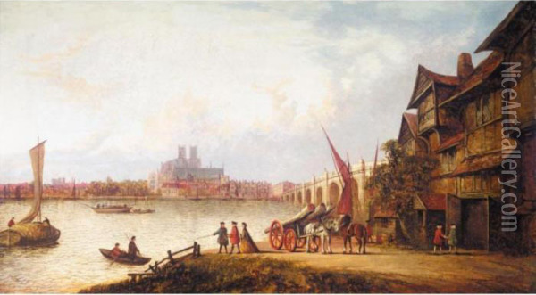 Westminster Bridge From The South Looking Towards Westminster Abbey Oil Painting - John Paul