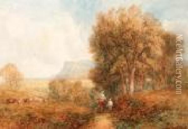Figures And A Horse In An 
Extensive Landscape With A View Of Achurch Beyond; And Figures On A Lane
 With Cattle Grazingbeyond Oil Painting - David Cox