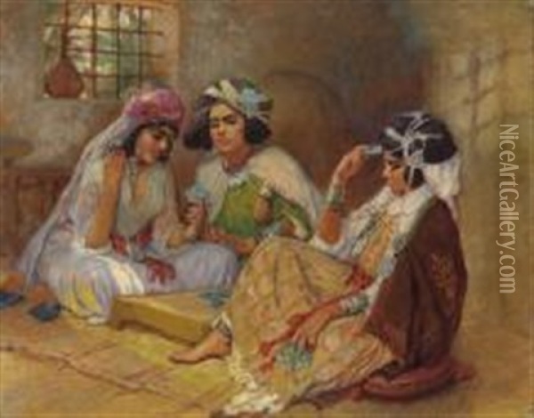 Joueuses De Cartes, Touggourt, Algerie Oil Painting - Frederick Arthur Bridgman