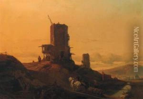 A Hill With An Arab Windmill Under Construction, A Town In Thedistance Oil Painting - Francois Antoine Bossuet