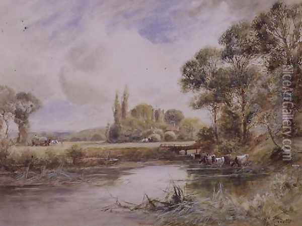 Landscape with Meadows and Cattle Drinking Oil Painting - Henry John Kinnaird