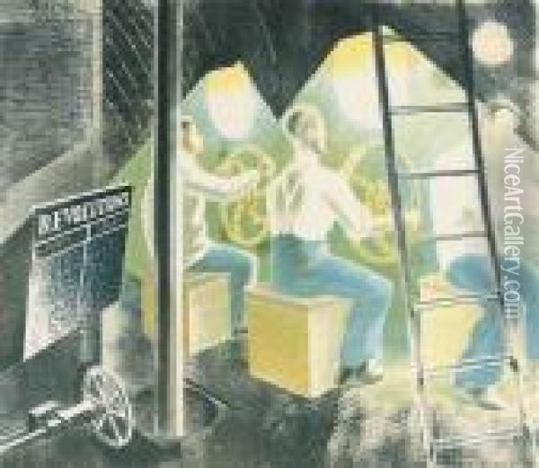 Men Operating Submarine Controls From 'submarines' Oil Painting - Eric Ravilious
