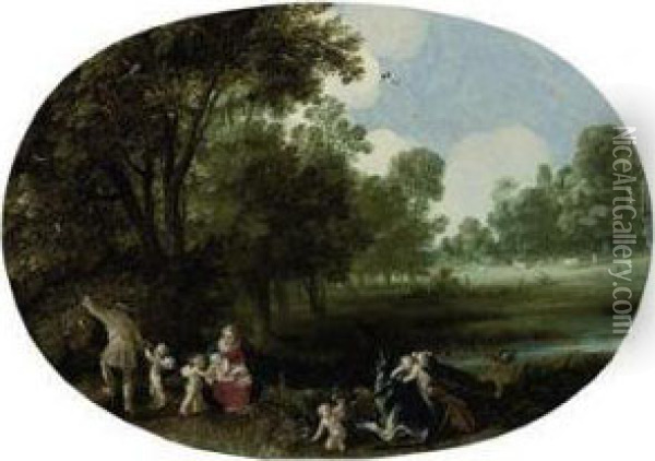 A Wooded River Landscape With The Rest On The Flight Into Egypt Oil Painting - Adriaan van Stalbemt