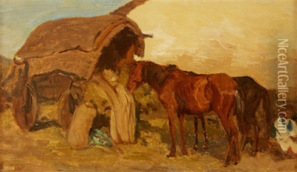 Horses By A Wagon Oil Painting - August Xaver Carl von Pettenkofen