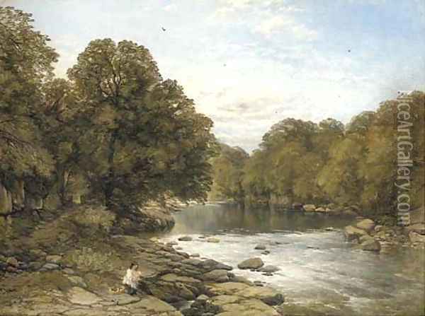 A wooded river landscape with a mother and child seated on the bank Oil Painting - Thomas Creswick