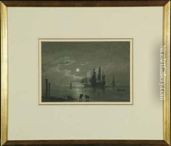 Attributed To John Wilson 
Carmichael 7in. X 10 1/4in. A Coastal Scene By Moonlight With Figures 
On The Shore In The Foreground And War Ships At Anchor In The Middle 
Distance Oil Painting - John Wilson Carmichael