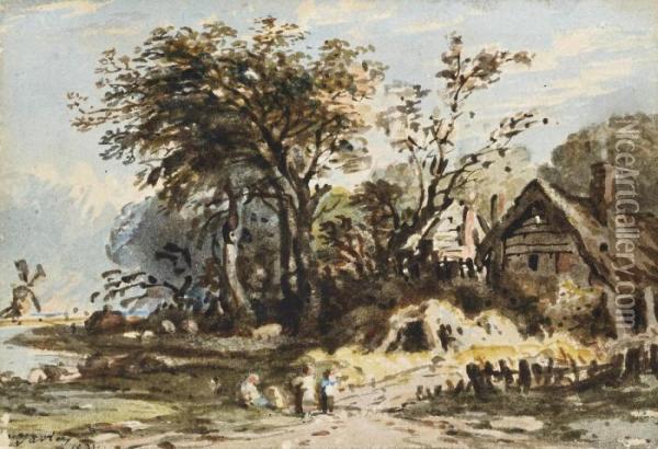 Figures On A Riverbank Before A 
Cottage, A Windmill Beyond (illustrated); And Figures On The Edge Of A 
Lake Before A Ruined Castle Oil Painting - John Varley