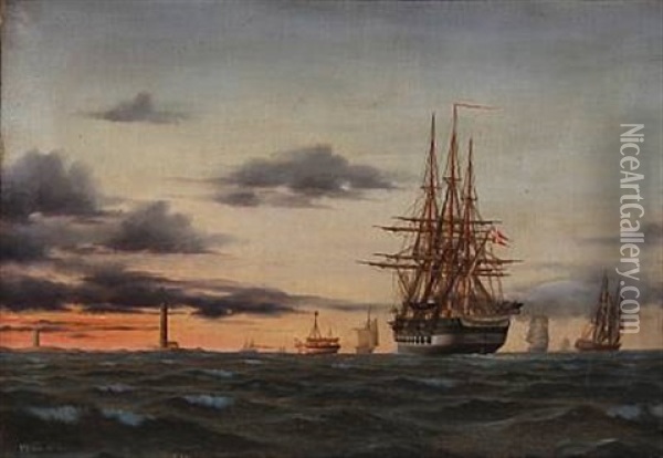 Seascape With Sailing Ships In The Evening Sun Oil Painting - Jorgen Dahl