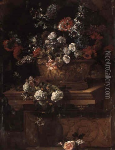 Flowers In A Sculpted Urn On A Plinth In A Draped Portico Oil Painting - Jean-Baptiste Monnoyer