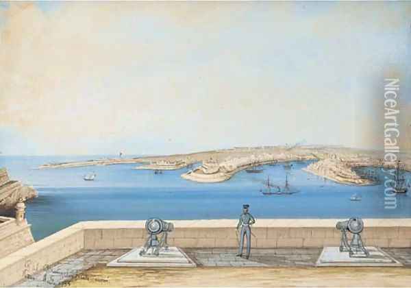 A military figure standing on the battlement overlooking the bay of Malta Oil Painting - Paolo Andrea Deangelis