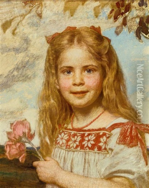 Kinderportrait Der Gabriele Troeltsch Mit Korallenkette Und Blumen In Der Hand Oil Painting - Ludwig Von Zumbusch