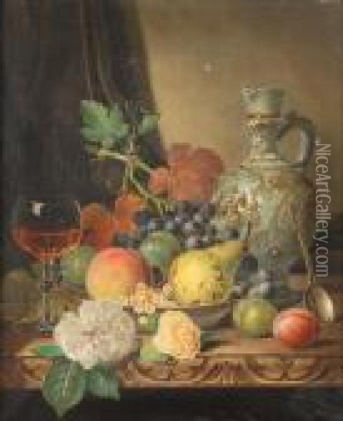 Still Life Of Fruit, A Glass And A Stoneware Bellarmine Oil Painting - Henry George Todd