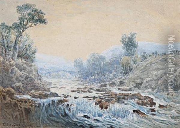 A Mountain Village; Rapids, A Pair Oil Painting - Daniel Fowler