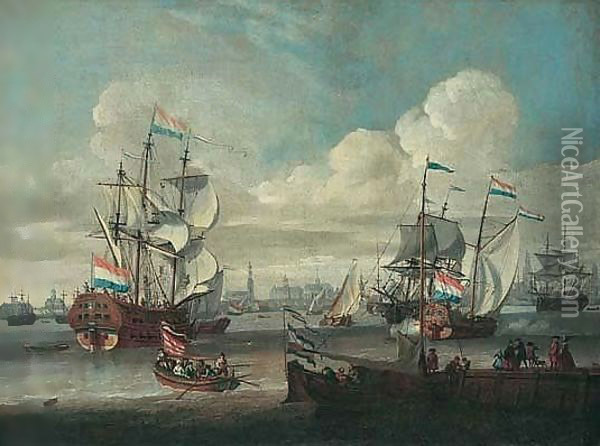 The Port Of Amsterdam With Shipping On Choppy Seas Oil Painting - Abraham Jansz Storck