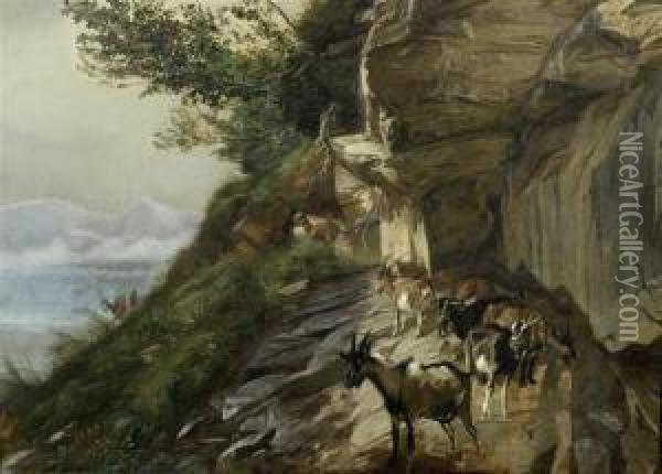 Goats On A Mountain Path Oil Painting - Rudolf Koller