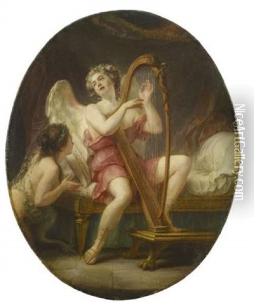 Amour Jouant De La Harpe Oil Painting - Jean Jacques Lagrenee the Younger