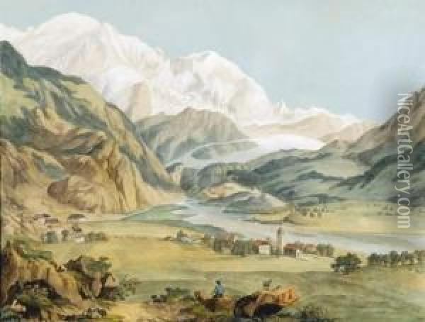 Vue De Servoz, De L'aiguille Du Goute Et Du Glacier De Bionnassey Oil Painting - Jean Antoine Linck
