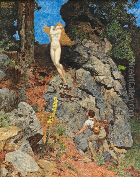 A Mountain Fairy And A Shepherd Oil Painting - Alexander Rothaug