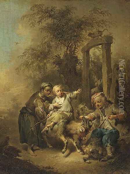 A young peasant family disporting with a billy goat in a farmyard Oil Painting - Joseph Conrad Seekatz