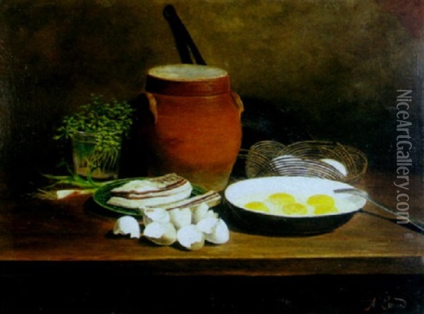 A Still Life With Eggs, Bacon And Green Onions Oil Painting - Adele Evrard