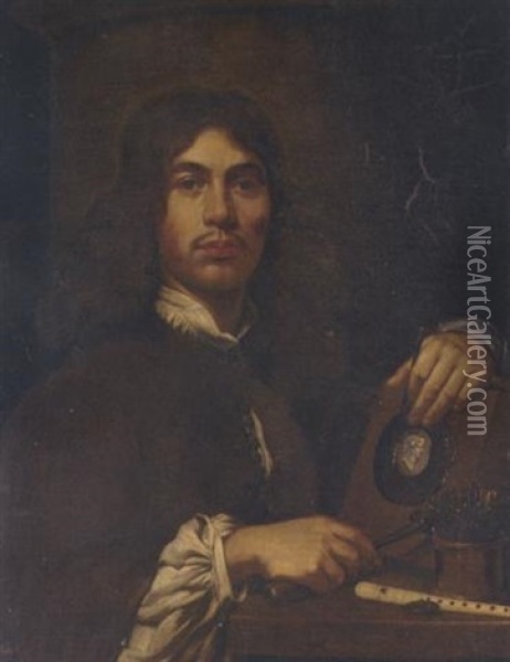 Portrait Of An Artist Holding A Hammer And Chisel Before An Intaglio Oval Portrait Bust Of A Classical Figure, With A Pot Of Chisels And A Flute On A Table Oil Painting - Sebastien Bourdon