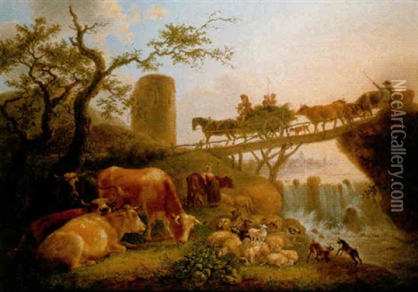 A Cowherd And Cattle Near A Waterfall, A Peasant Family On A Haycart And A Shepherd Crossing A Bridge Nearby, A Town In The Distance Oil Painting - Jean-Baptiste De Roy