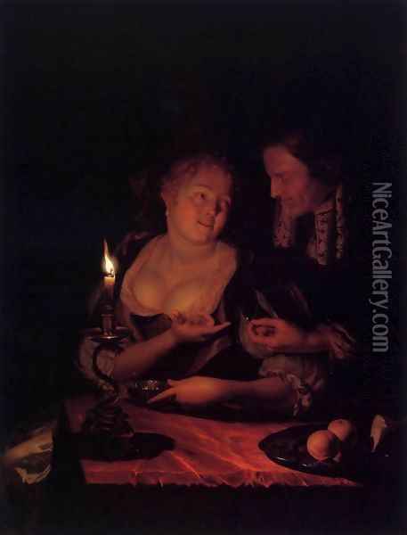 Gentleman Offering a Lady a Ring in a Candlelit Bedroom 1698 Oil Painting - Godfried Schalcken