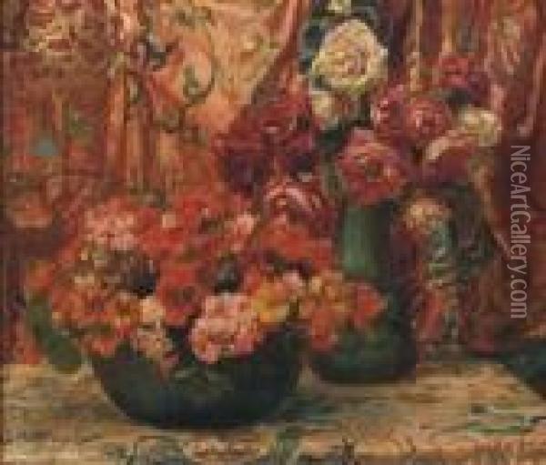 Red Flowers Amongst Drapery Oil Painting - Georges Antoine Rochegrosse