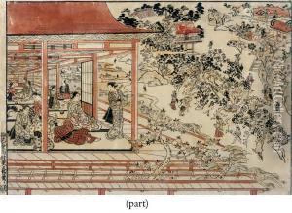 Figures Inside A Pavillion Looking Oil Painting - Nishimura Shigenaga