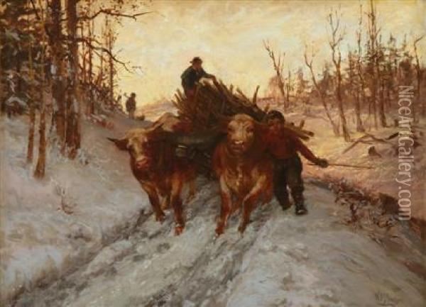 A Logging Wagon, Winter Oil Painting - William Preston Phelps