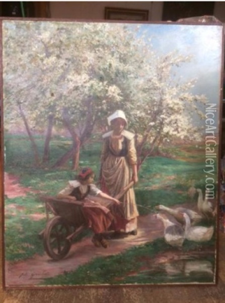 Deux Jeunes Femme Et Les Oies Oil Painting - Jules Girardet