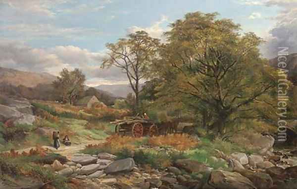 A log wagon in a Welsh landscape Oil Painting - John Syer