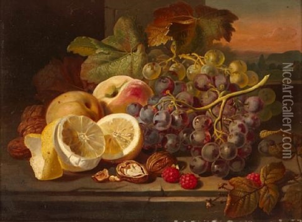 A Still Life With Fruit And Nuts On A Table Oil Painting - Edward Ladell