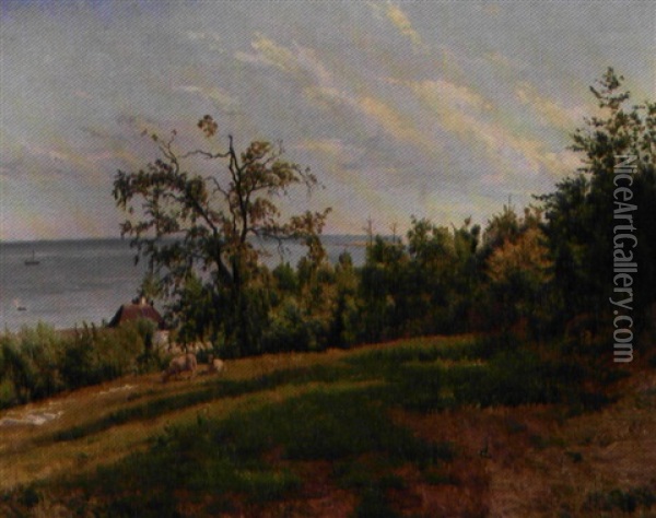 Kystparti Nord For Kobenhavn Med Graessende Far Oil Painting - Edvard Frederik Petersen
