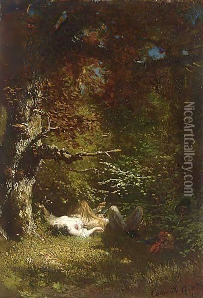 Lovers In The Forest Oil Painting - Cesar De Cock