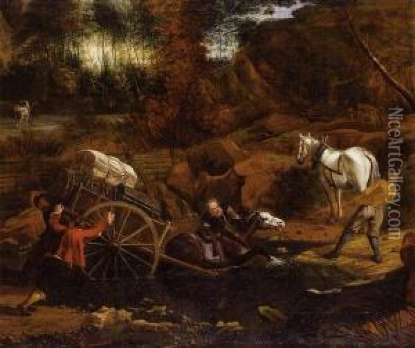 Figures With A Cart And Horses Fording A Stream Oil Painting - Jan Siberechts
