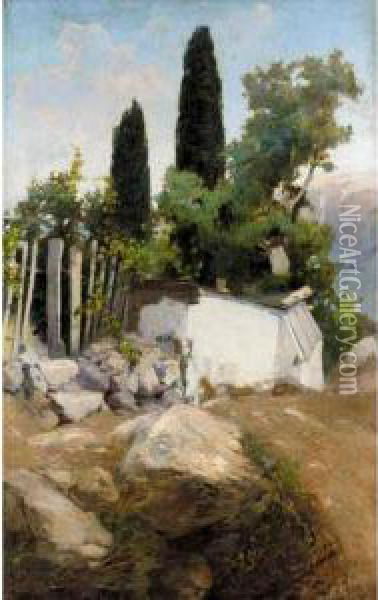 Landscape With Well And Cypress Trees Oil Painting - Vasily Polenov