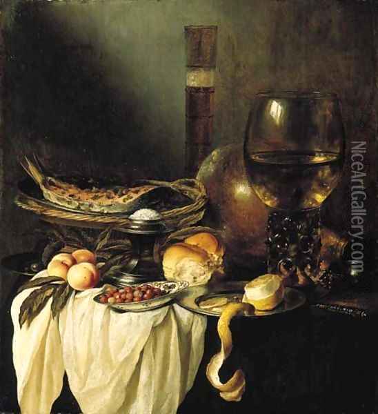 A dish of salmon cooked with herbs, a roemer of wine, a silver salt, a roll, wild strawberries in a Delftware bowl, a partly peeled Oil Painting - Pieter Claesz.