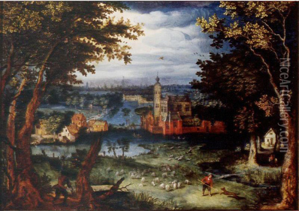A Wooded River Landscape With A Manor House By A Village, A City Beyond Oil Painting - Balthasar Lauwers