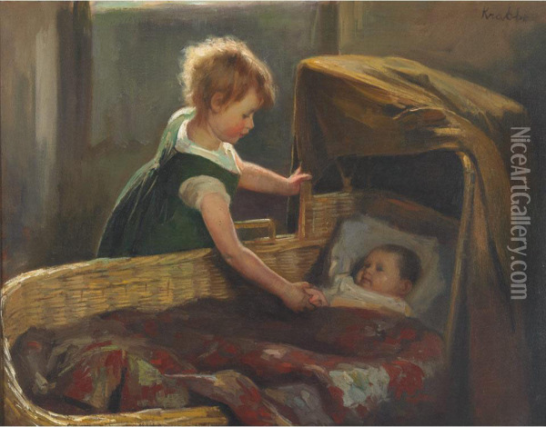 Aan De Wiegl (at The Cradle) Oil Painting - Heinrich Martin Krabb